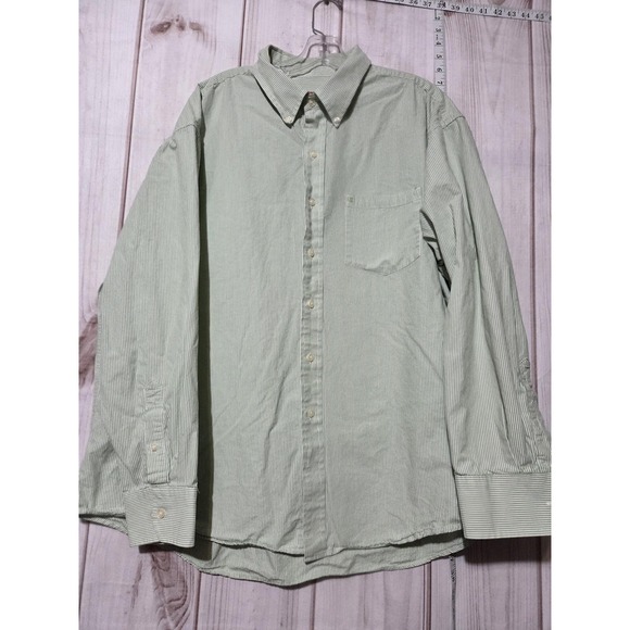 IZOD Shirt Mens 2XL Green White Striped Button Down Long Sleeve Pocket Logo - Picture 1 of 8